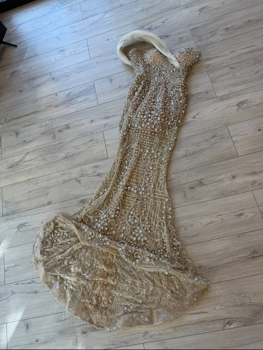 European Gold Beaded Prom Gown with Scalloped Train